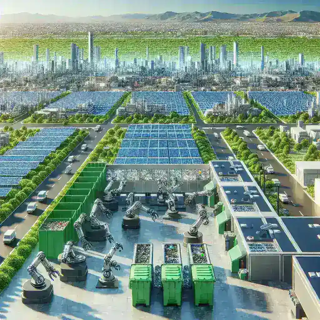 "AI waste sorting robot efficiently categorizing recyclables at a smart city recycling center, showcasing innovative technology for sustainable waste management."