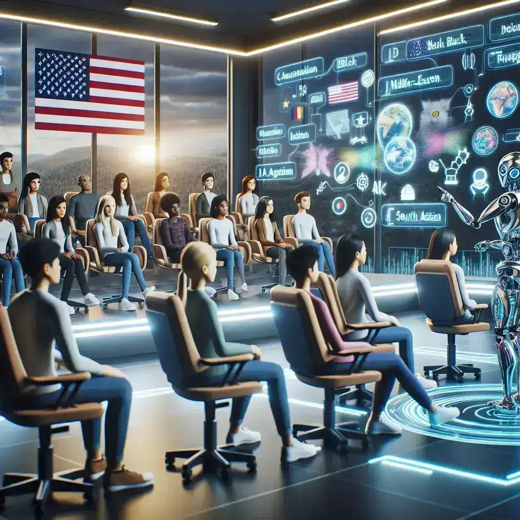 "Students in a modern classroom engaging with Meta Horizon's AI-powered language immersion technology, showcasing interactive learning experiences in U.S. schools."