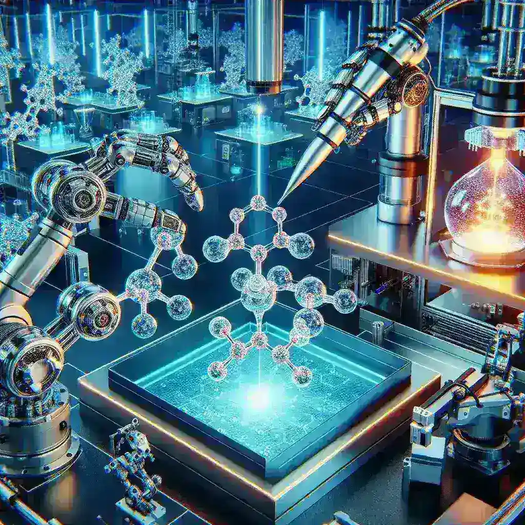 "AI-driven lab robots creating innovative biodegradable polymers in a futuristic laboratory setting, showcasing advanced technology in sustainable materials research."